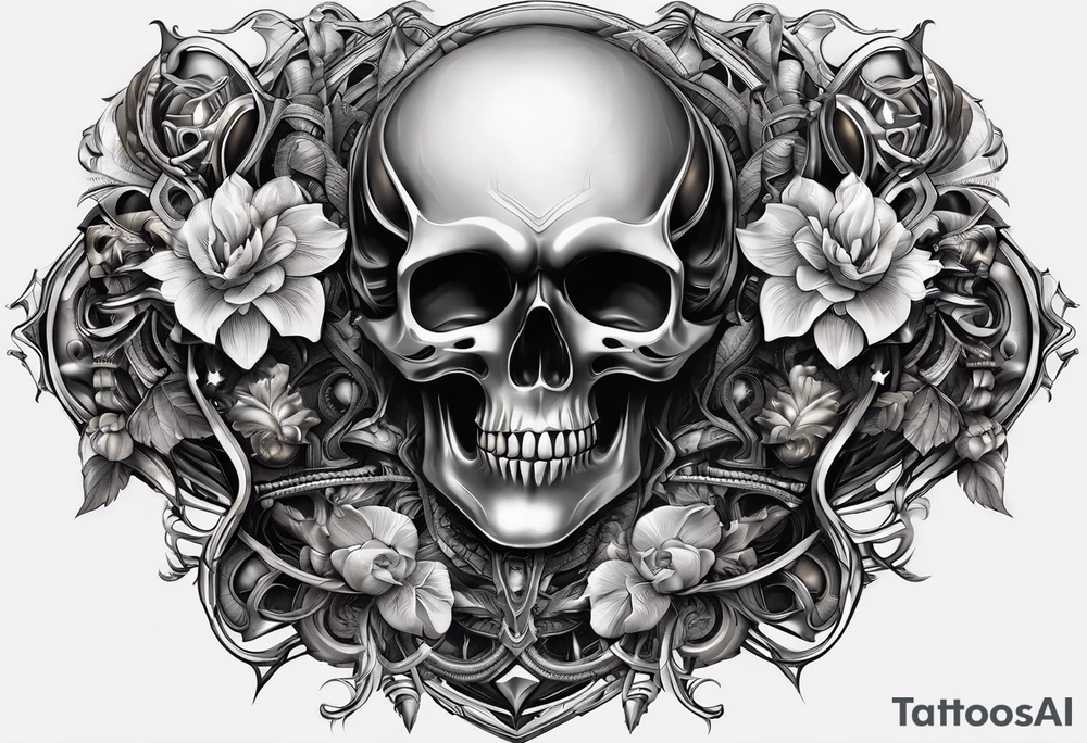 H.R. Giger mean skulls, water flow shapes, geometric shapes, flowers tattoo idea