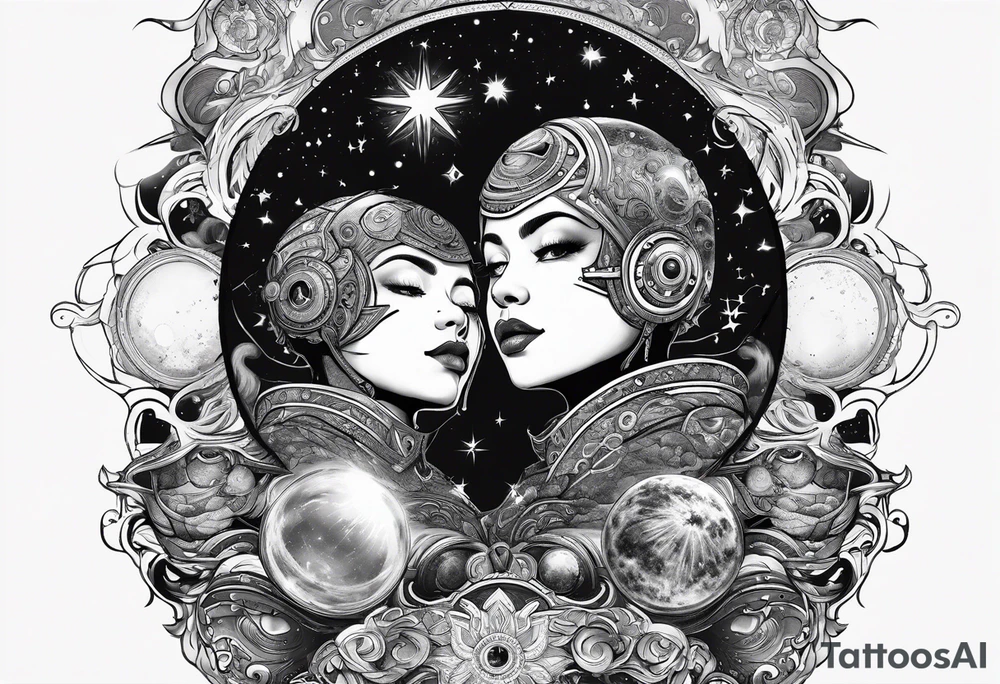 A tekno raver whose face is a mirror reflecting a cosmic scene with planets, black holes, and supernovae. tattoo idea