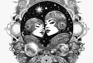 A tekno raver whose face is a mirror reflecting a cosmic scene with planets, black holes, and supernovae. tattoo idea