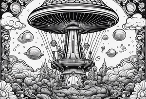 thinner rocketship with a psychedelic mushroom top with fire coming out the bottom bursting out of bubble as the bubble pops tattoo idea