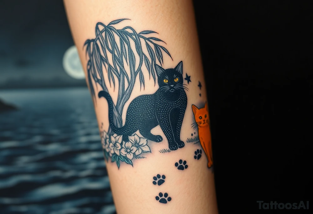 Night time. Ocean.  weeping willow garden with roses and liles flower beds. fantasy creatures, fairies, mermiads, dragons butterflies,  cat paw prints path in dirt. Black cat and orange cat tattoo idea