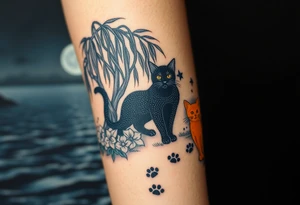Night time. Ocean.  weeping willow garden with roses and liles flower beds. fantasy creatures, fairies, mermiads, dragons butterflies,  cat paw prints path in dirt. Black cat and orange cat tattoo idea