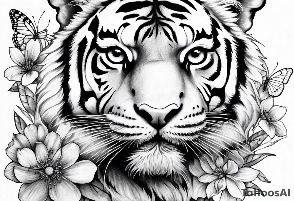 tiger, 3 buterflies, flowers tattoo idea