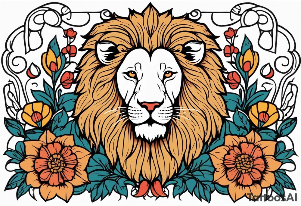 lion with lamb
vintage tattoo style old school traditional bold color simple with flowers surrounded tattoo idea