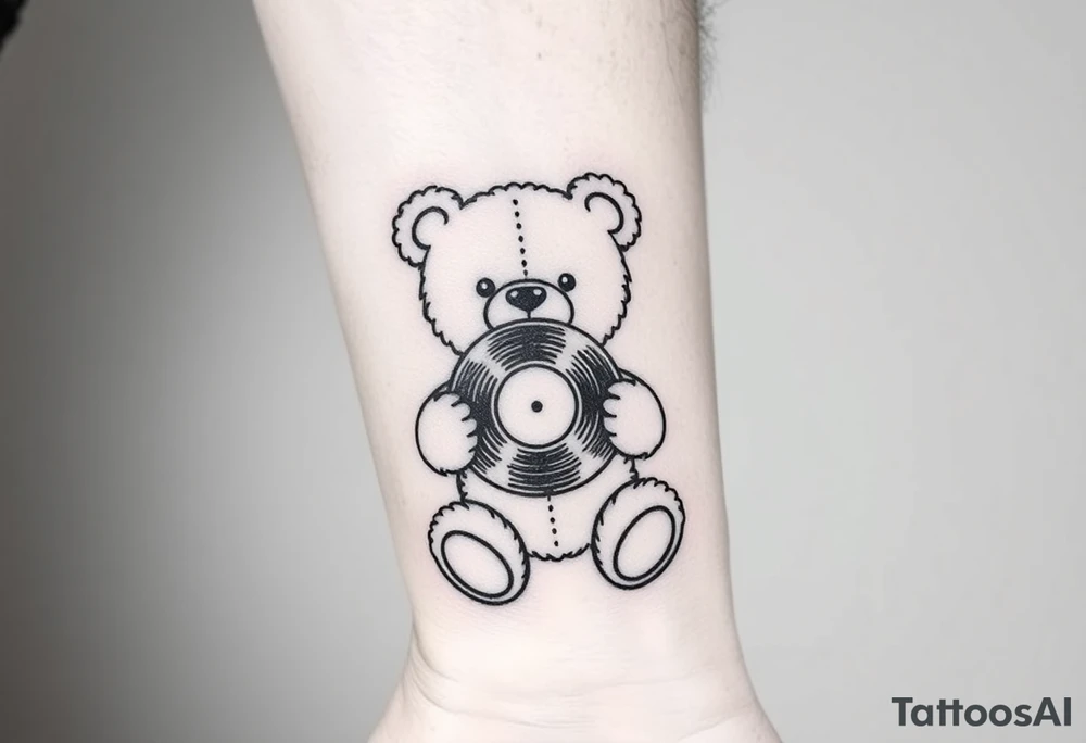 minimalist teddy bear smiling and holding a vinyl record tattoo idea
