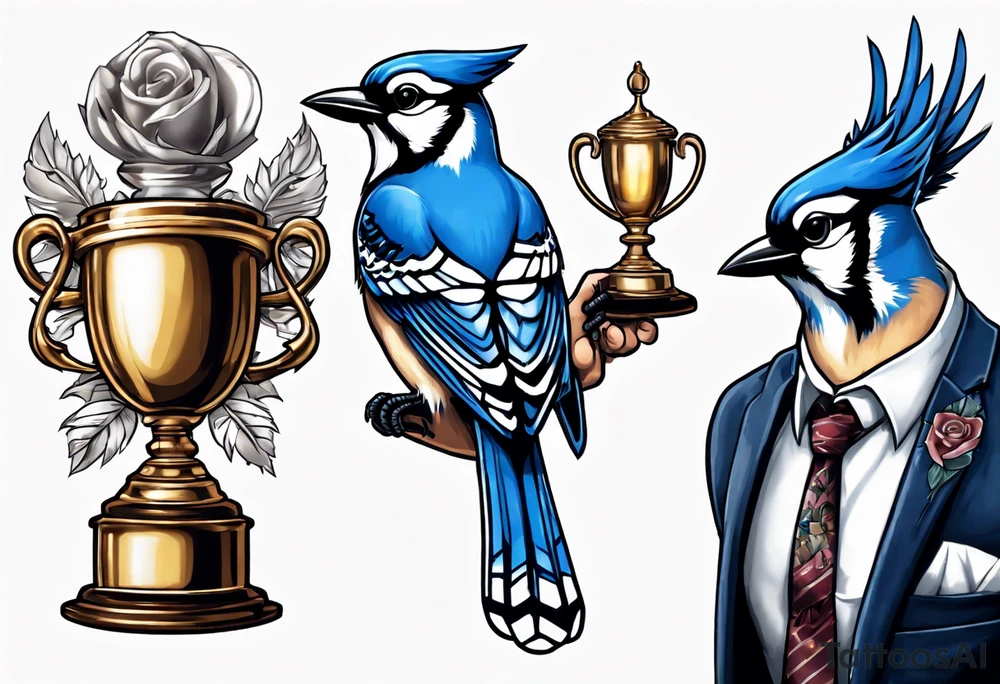 bluejay in a suit holding a trophy tattoo idea