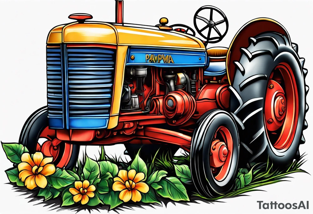 Flower, pawpaw, tractor tattoo idea