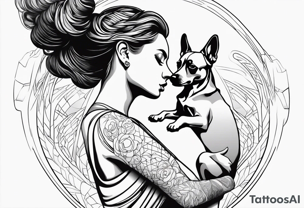 dog in the air facing woman and trying to reach her hand and woman as her back facing us tattoo idea