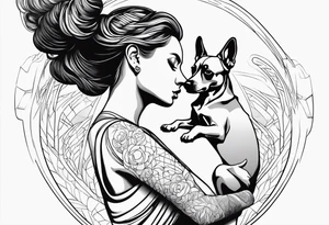 dog in the air facing woman and trying to reach her hand and woman as her back facing us tattoo idea