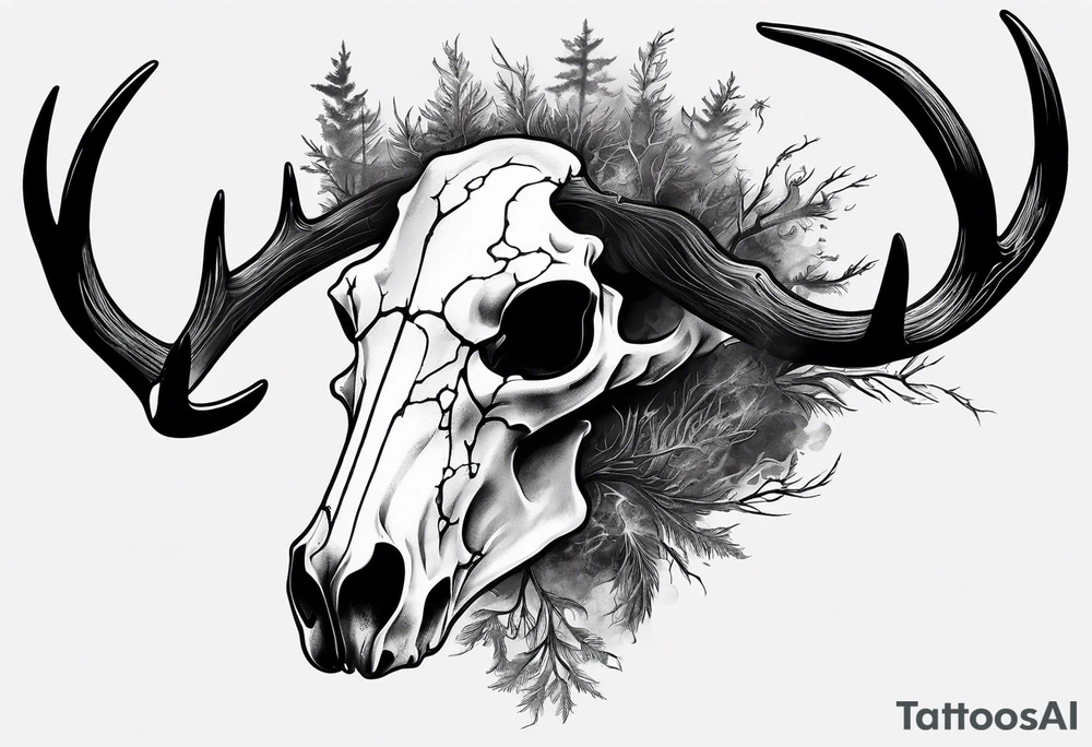 A side view of a frightening horror DECAYING deer skull JUST BONE surrounded by a forest fire in background tattoo idea A side view of a frightening horror DECAYING deer skull JUST BONE surrounded by a forest fire in background tattoo idea