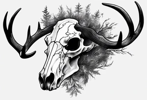 A side view of a frightening horror DECAYING deer skull JUST BONE surrounded by a forest fire in background tattoo idea
