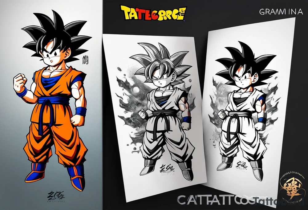 little Son-Goku in the foreground and an older version of him as a super sayin behind him tattoo idea