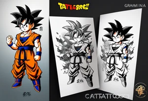 little Son-Goku in the foreground and an older version of him as a super sayin behind him tattoo idea