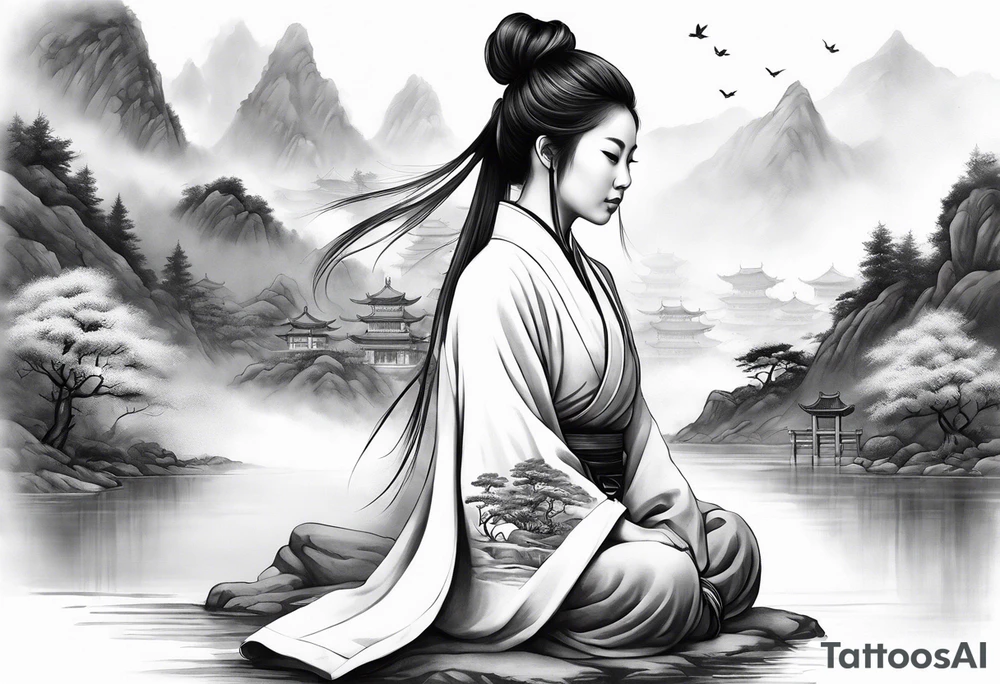 forearm sleeve traditional chinese art painting style autumn mountains mist fog water Chinese temple female with pony tail wearing robes seated meditating far off in the distance tattoo idea