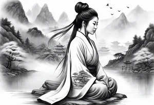 forearm sleeve traditional chinese art painting style autumn mountains mist fog water Chinese temple female with pony tail wearing robes seated meditating far off in the distance tattoo idea