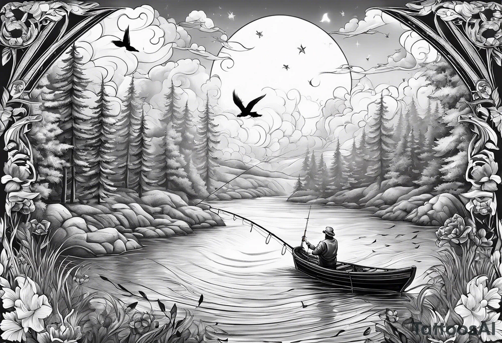 man fishing in heaven tattoo idea