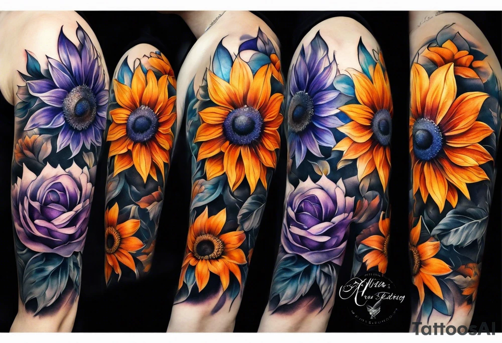 Full arm sleeve with purple, orange and blue sunflowers tattoo idea
