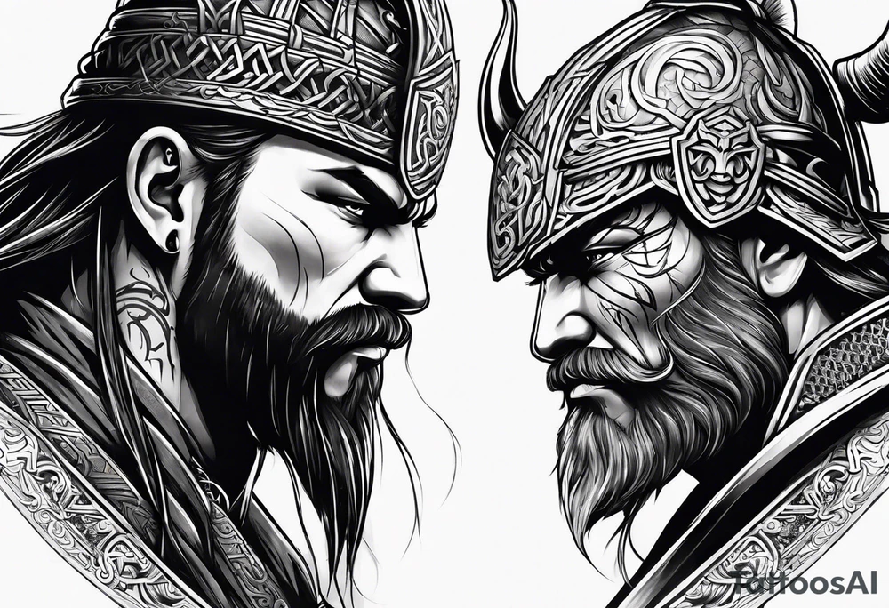 half face of a viking and half face of samurai tattoo idea