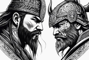 half face of a viking and half face of samurai tattoo idea