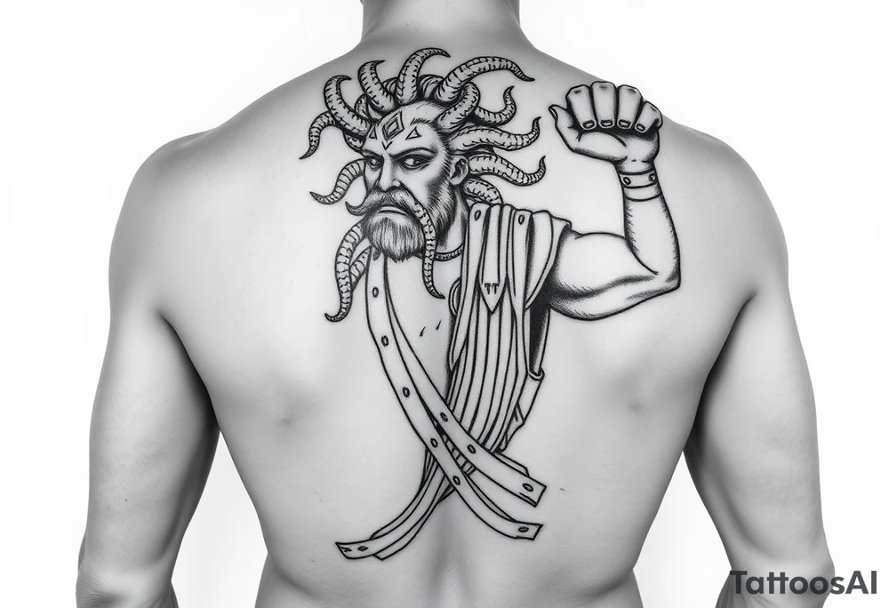 Perseus the Greek hero, holding Medusa’s severed head in victory, black and white and a part of a leg sleeve. Medusa the Greek monster with snakes as hair and Perseus should be in Greek armor. tattoo idea