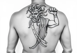Perseus the Greek hero, holding Medusa’s severed head in victory, black and white and a part of a leg sleeve. Medusa the Greek monster with snakes as hair and Perseus should be in Greek armor. tattoo idea