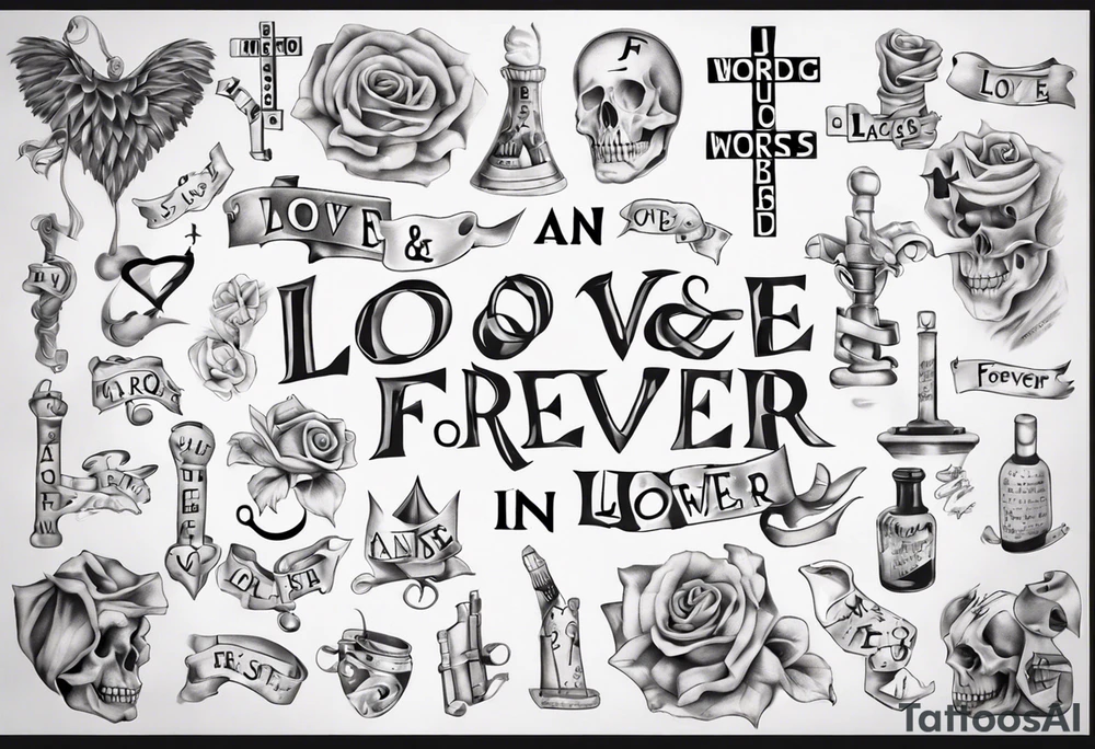 The words Maggie and Lucas and Love and Forever in a crossword puzzle tattoo idea