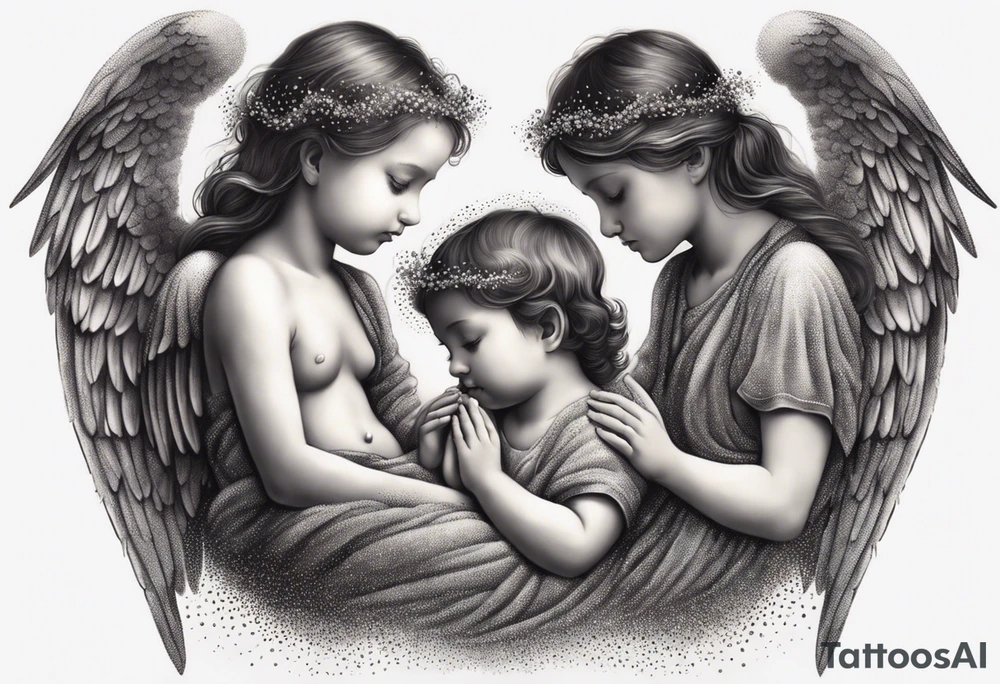 angels praying together. Three boy angels  and three girl angel, with their wings gently enfolding a baby angel in a protective embrace tattoo idea