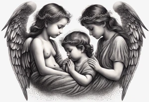 angels praying together. Three boy angels  and three girl angel, with their wings gently enfolding a baby angel in a protective embrace tattoo idea