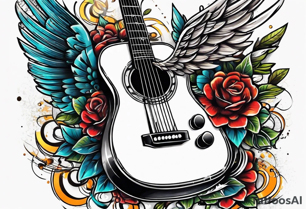 Microphone and musical notes and guitar and wings tattoo idea