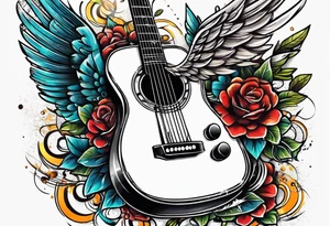 Microphone and musical notes and guitar and wings tattoo idea