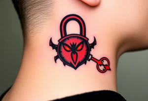 A black and red demonic lock with lockhole and with glowing eyes, with a spiked key floating near it tattoo idea