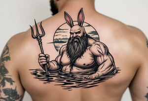 young, happy, fat, balding, poseidon in calm water, holding a trident, drinking a beer, with sunset, with ski boat, with bunny ears tattoo idea