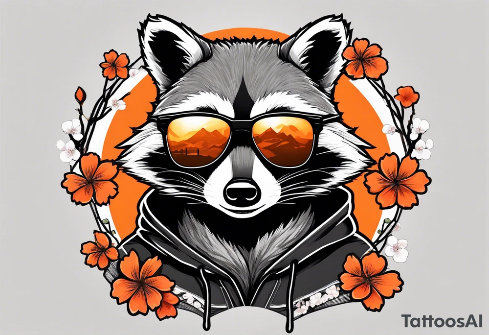 raccoon wearing a black and white Superman hoodie and orange Japanese cherry blossoms tattoo idea