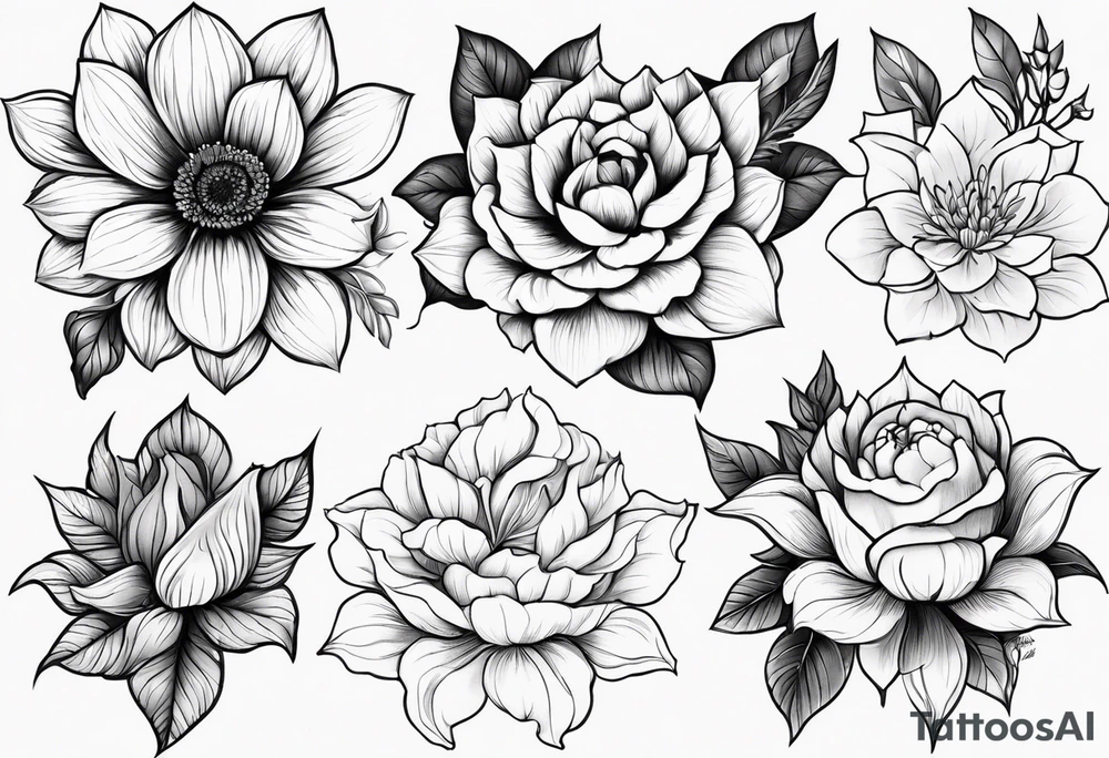 January birth flower, May birth flower, June birth flower x 2, July birth flower, August birth flower, September birth flower, October birth flower, December birth flower with some leaves starting on top frontal thigh ended at ankle / calf tattoo idea