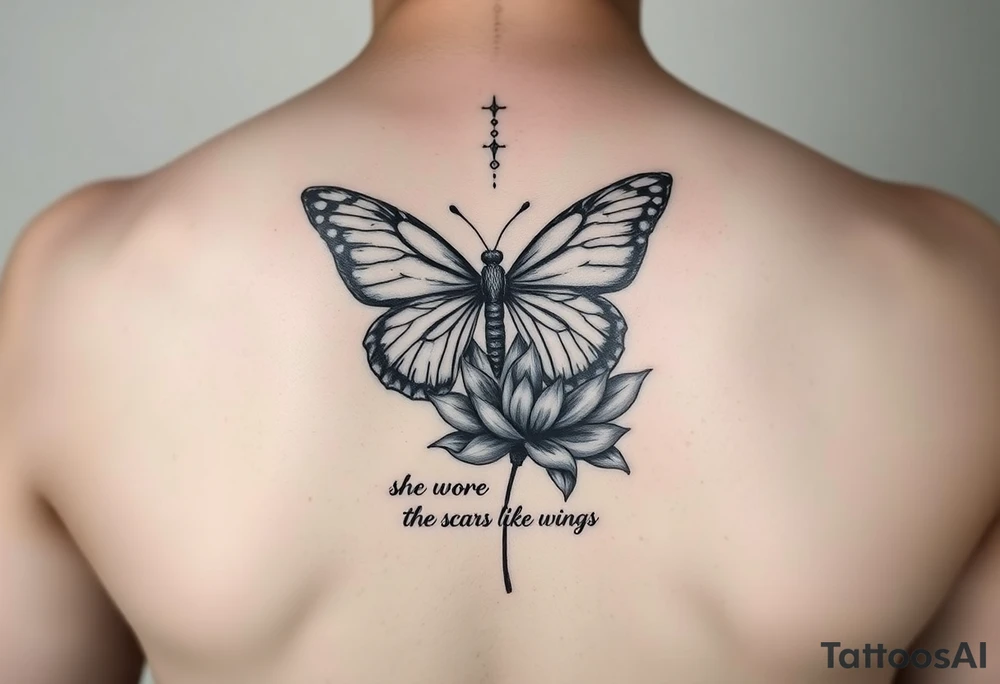 butterfly with cracked wings and lotus flower with quote that says “she wore her scars like wings” all down spine but very elegant tattoo idea
