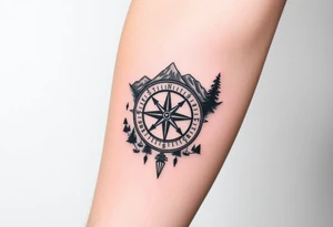 Nature including a compass as the centerpiece with mountains and trees in the background tattoo idea