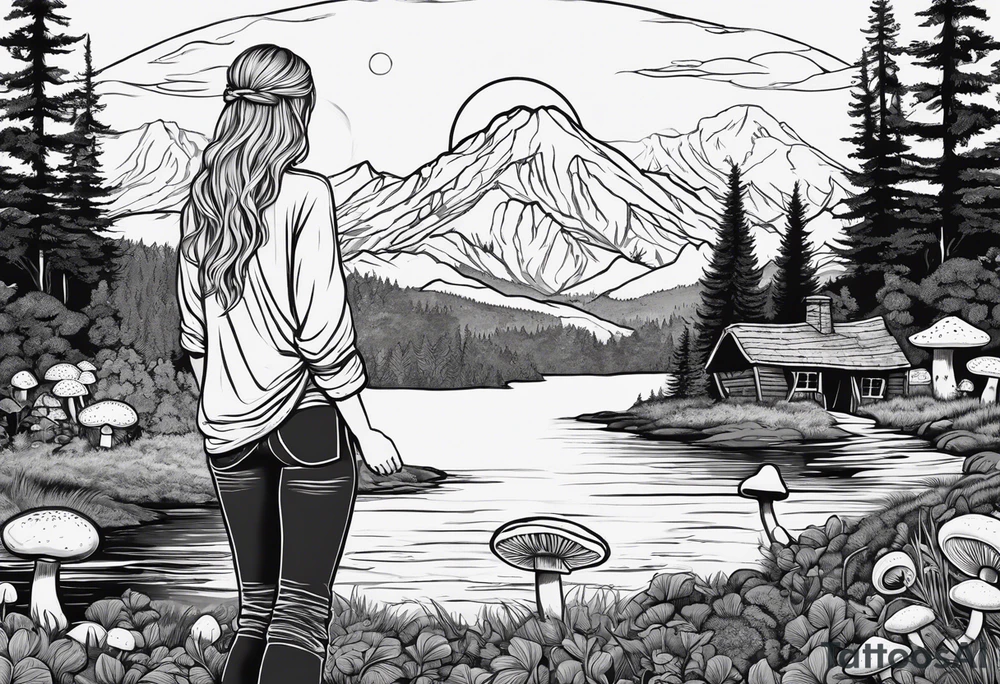 Whole picture encircled fully

Straight long blonde hair hippie girl in distance holding mushrooms in hand facing away toward mountains and creek surrounded by mushrooms long sleeve shirt and hiking pants; whole rendering within a full celtic circle, no cut off circle tattoo idea