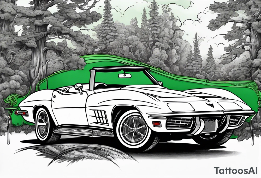 Skeleton smoking a cigarette driving a green 1976 convertible Corvette tattoo idea