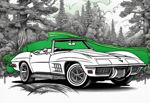 Skeleton smoking a cigarette driving a green 1976 convertible Corvette tattoo idea