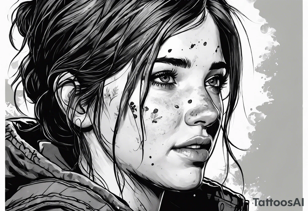 Ellie from the game series The Last of Us, including her tattoo and infected clickers tattoo idea