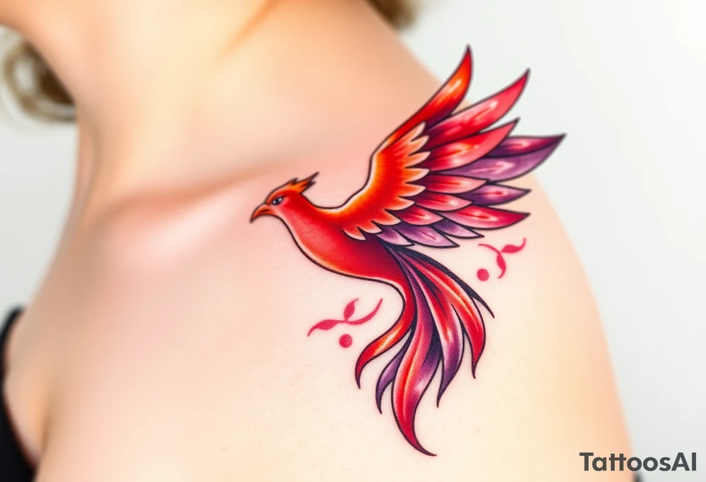 Phoenix rising from the ashes with the colors red, pink, orange and purple. Size 3 cm wide and 5 cm high tattoo idea