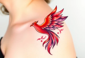 Phoenix rising from the ashes with the colors red, pink, orange and purple. Size 3 cm wide and 5 cm high tattoo idea
