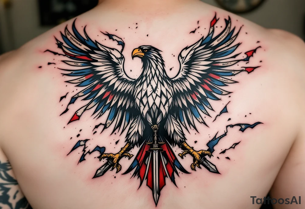 Battle-Worn Silesian Eagle with Torn Banners – A strong, battle-scarred eagle with ripped blue, red and white banners flowing behind it, representing the resilience of Silesia. The eagle's claws clutch an old sword or a scroll with historical inscriptions, adding a storytelling element. tattoo idea