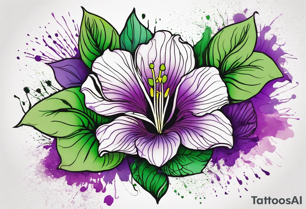 An outline of a rio dipladenia flower with green/purple pedals and a green/purple watercolor splash in the background tattoo idea