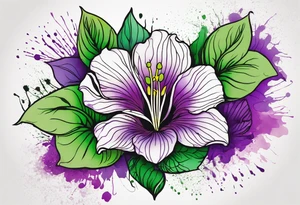 An outline of a rio dipladenia flower with green/purple pedals and a green/purple watercolor splash in the background tattoo idea