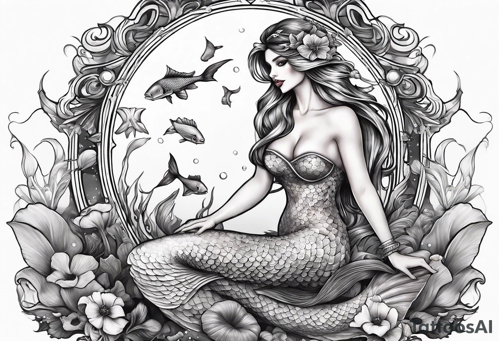 a mermaid siting over a mushroom tattoo idea