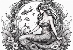 a mermaid siting over a mushroom tattoo idea