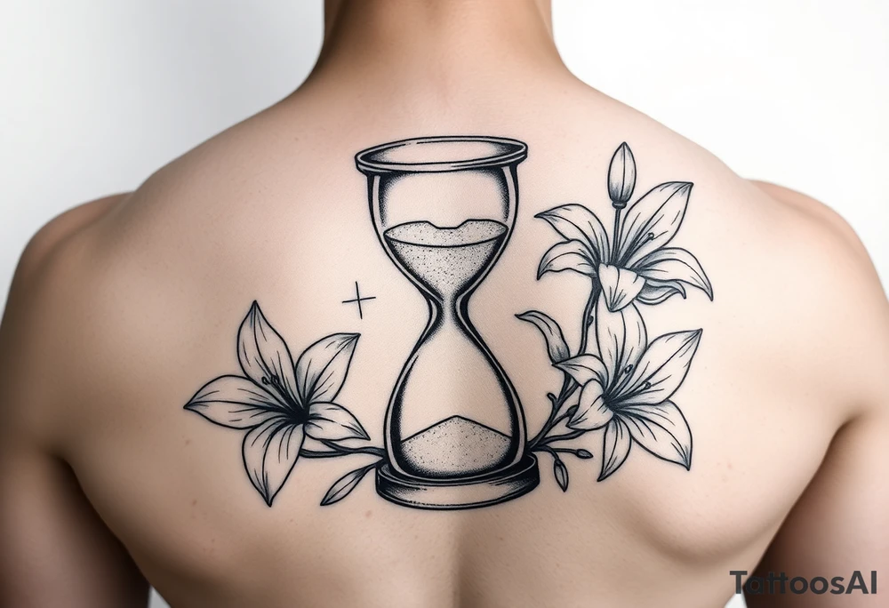 Hourglass and lillies, realistic, black and white tattoo idea