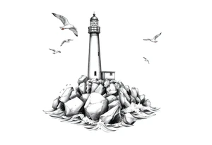 Lighthouse surrounded by a few boulders in the sea with high waves and seagulls flying around tattoo idea