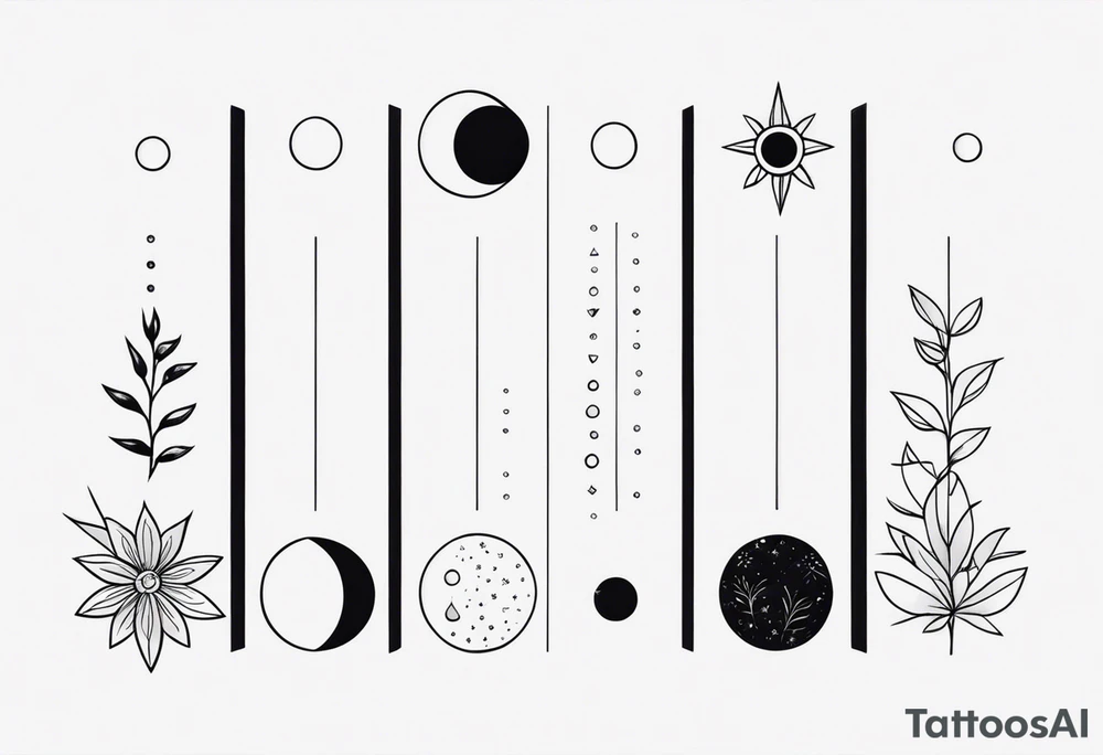 Strip of Moon phases in horizontal line, crystal, floral tattoo idea